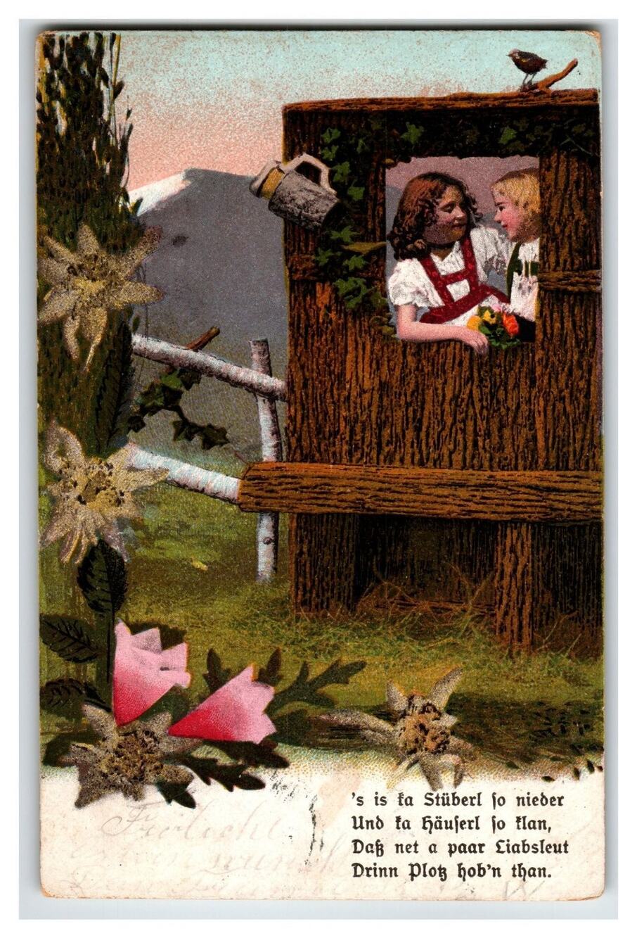 1908 Alpine Children Edelweiss Postcard Bavaria Poem Rustic Hut 5 Heller Stamp
